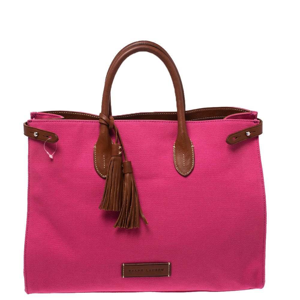 Ralph Lauren Hot Pink Canvas and Leather Tassel Tote Bag